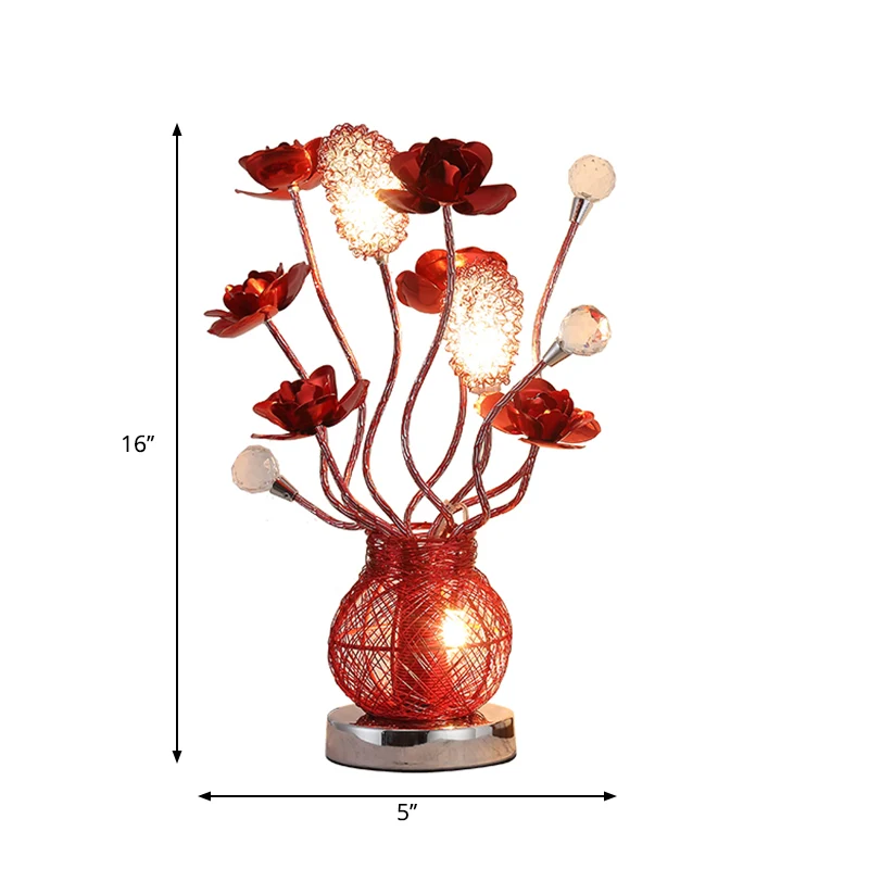 Lampe de Table de chevet à fleurs LED rouge, éclairage de Table décoratif en métal avec branche d'aile avec Base de pot Cl...