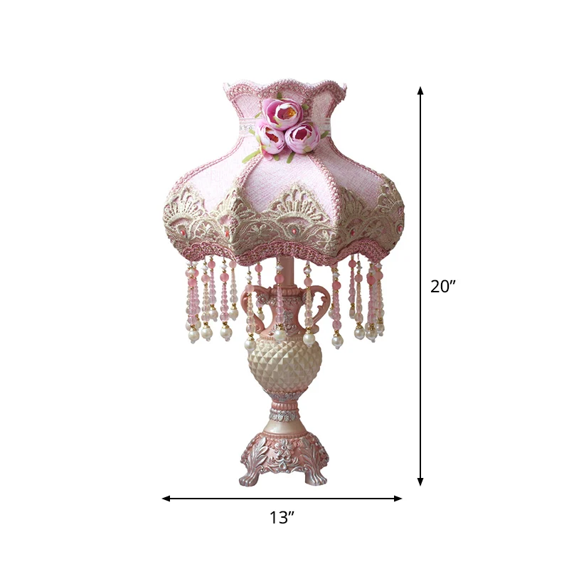 Lampe de table de chevet perlée en tissu pastoral, 1 ampoule, lampe de table de chambre à coucher en rose avec base en rés...