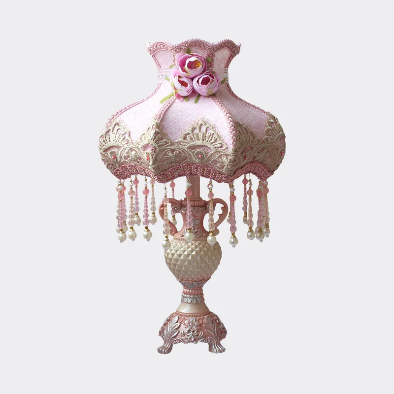 Lampe de table de chevet perlée en tissu pastoral, 1 ampoule, lampe de table de chambre à coucher en rose avec base en rés...