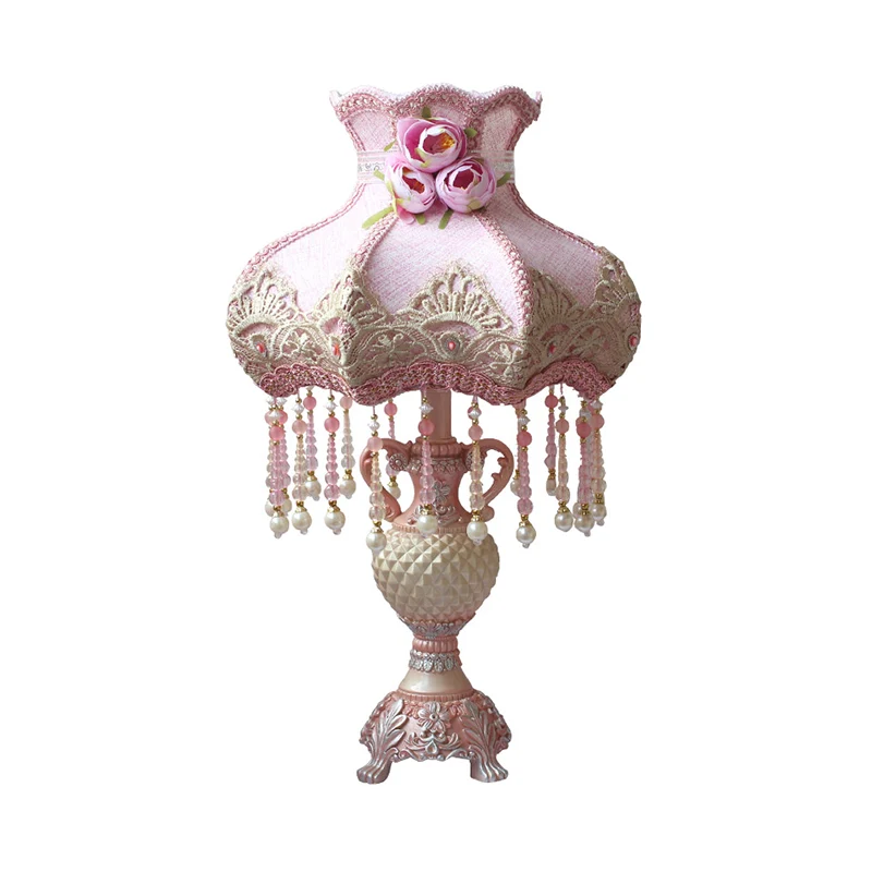 Lampe de table de chevet perlée en tissu pastoral, 1 ampoule, lampe de table de chambre à coucher en rose avec base en rés...