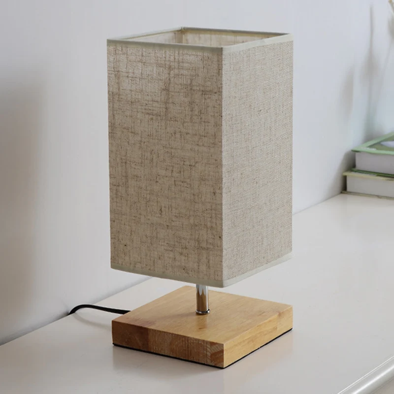 Lampe de table de chevet ronde/carrée en tissu, style nordique, 1 ampoule, en lin, avec Base noire/bois, pour chambre à co...