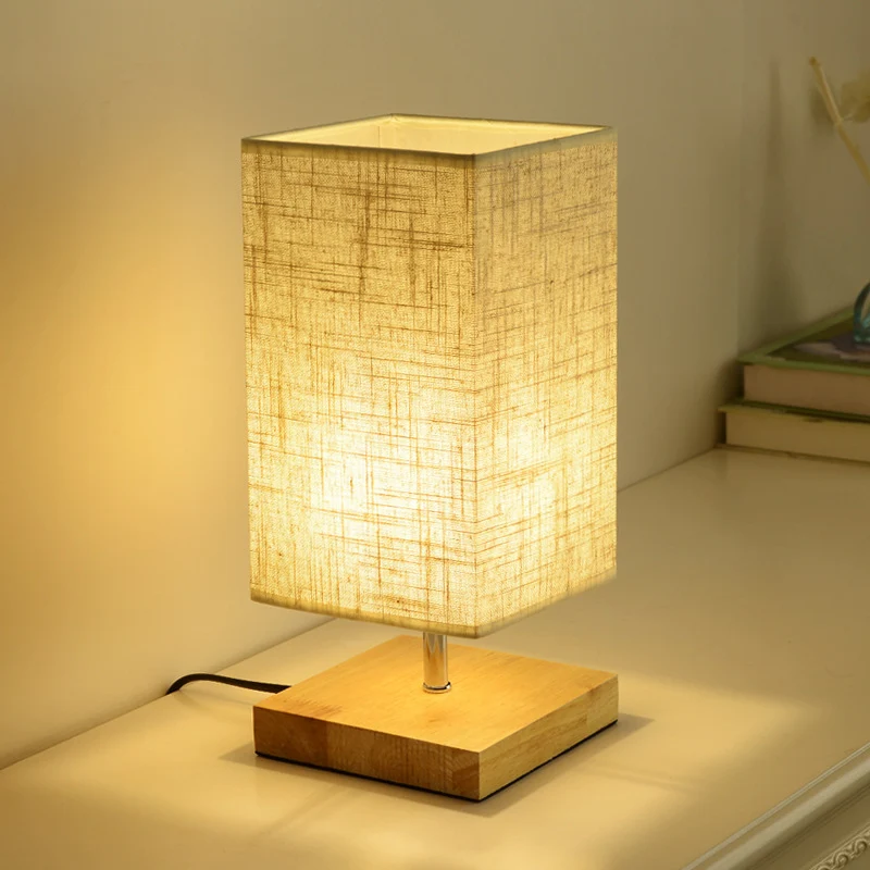 Lampe de table de chevet ronde/carrée en tissu, style nordique, 1 ampoule, en lin, avec Base noire/bois, pour chambre à co...