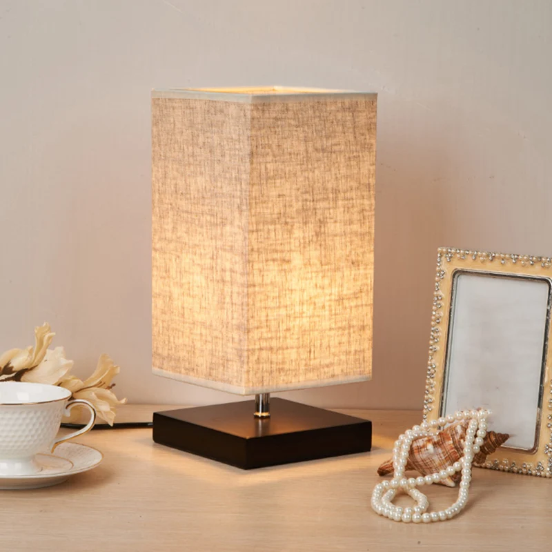 Lampe de table de chevet ronde/carrée en tissu, style nordique, 1 ampoule, en lin, avec Base noire/bois, pour chambre à co...