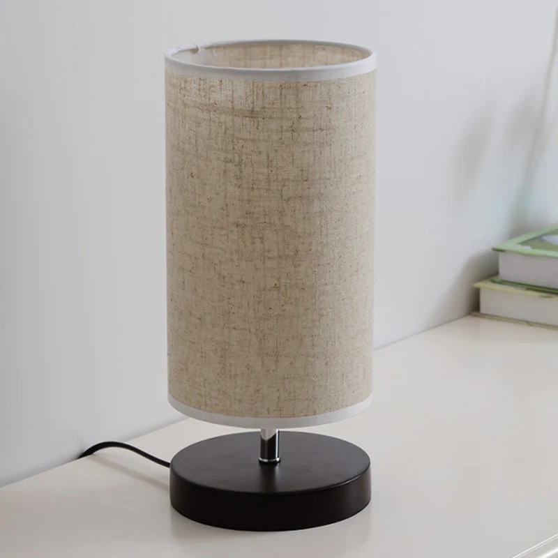 Lampe de table de chevet ronde/carrée en tissu, style nordique, 1 ampoule, en lin, avec Base noire/bois, pour chambre à co...