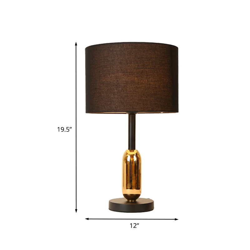 Lampe de table de chevet tambour noir, lampe de bureau moderniste à 1 lumière en tissu avec capsule en laiton Clearhalo