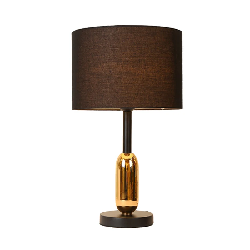 Lampe de table de chevet tambour noir, lampe de bureau moderniste à 1 lumière en tissu avec capsule en laiton Clearhalo