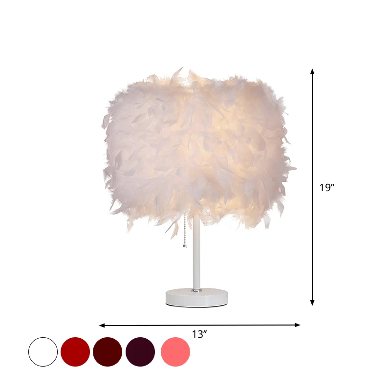 Lampe de table cylindrique blanche/rouge/rose, romantique et moderne, 1 ampoule, chaîne de traction en plumes, lampe de ta...