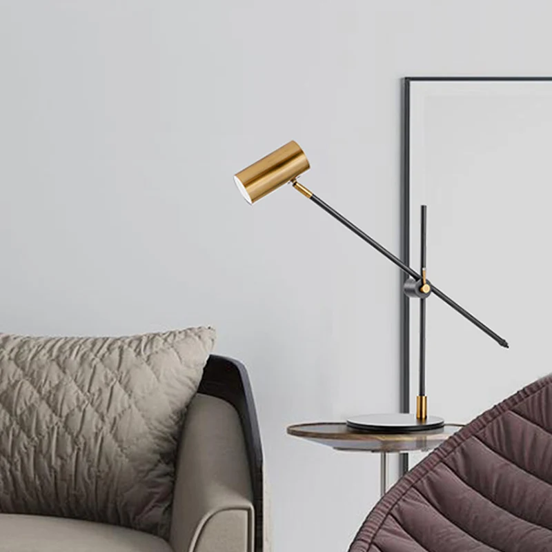 Lampe de table cylindrique en métal, petite lampe de bureau moderne à 1 ampoule, noire et dorée, avec nœud rotatif Clearhalo