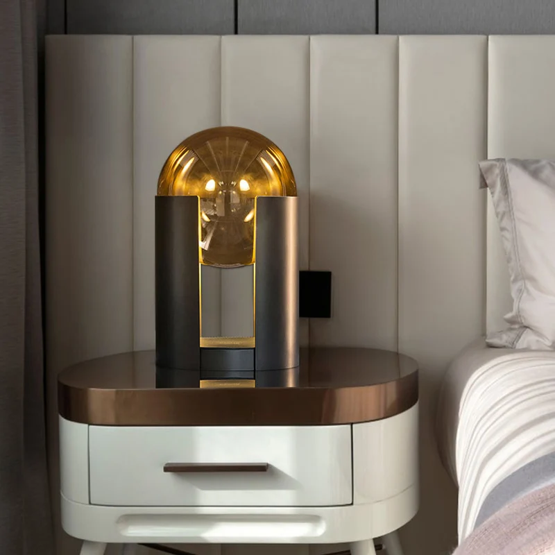 Lampe de Table cylindrique noire postmoderne, 1 ampoule, boule ambre, lampe de nuit en verre avec Design Gap Clearhalo