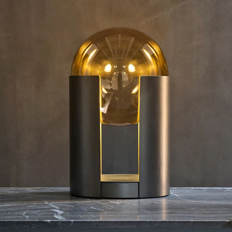 Lampe de Table cylindrique noire postmoderne, 1 ampoule, boule ambre, lampe de nuit en verre avec Design Gap Clearhalo