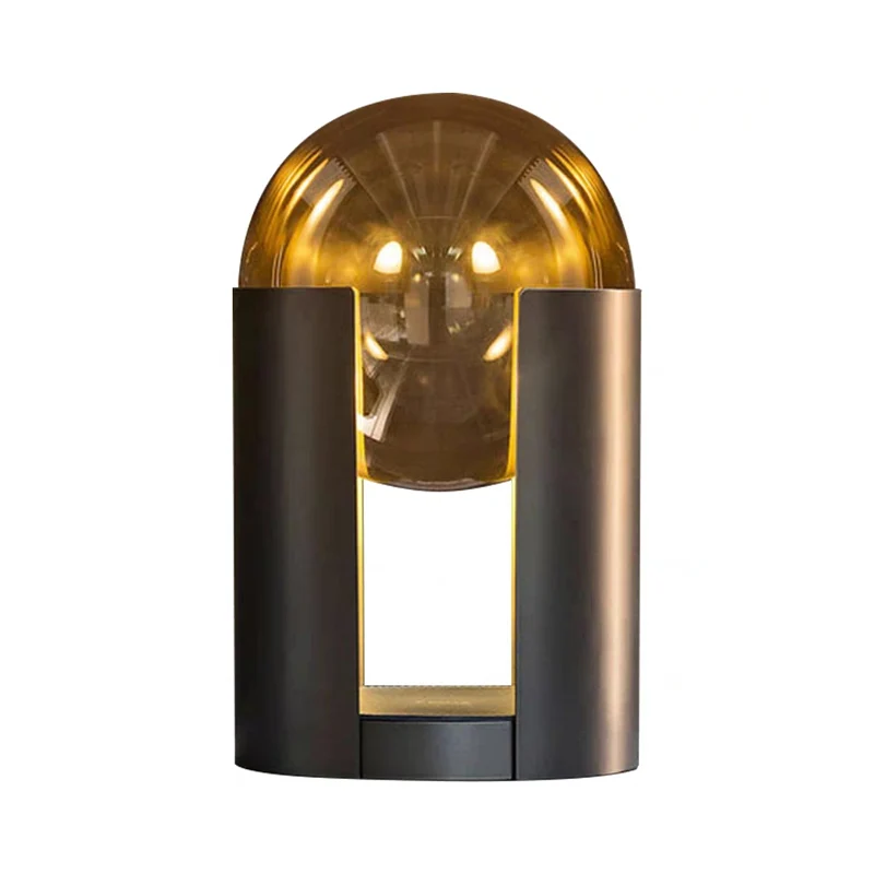 Lampe de Table cylindrique noire postmoderne, 1 ampoule, boule ambre, lampe de nuit en verre avec Design Gap Clearhalo
