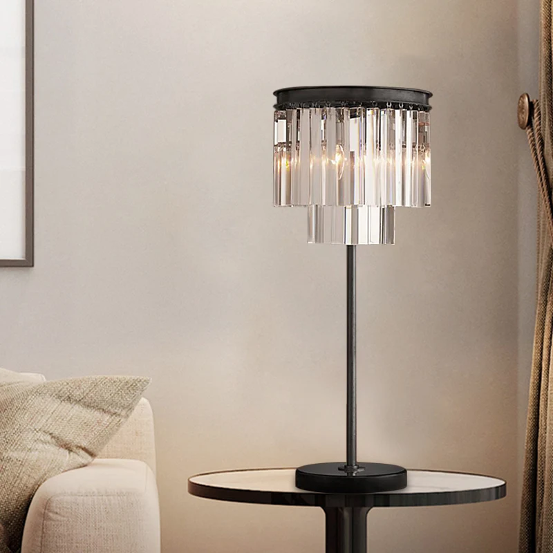 Lampe de table en forme de cylindre Simplicity, cristal taillé à la main, 3 ampoules, lampe de lecture en noir Clearhalo
