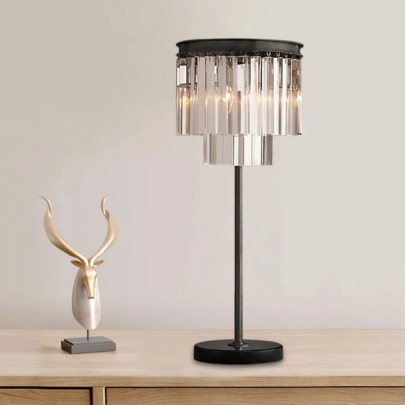 Lampe de table en forme de cylindre Simplicity, cristal taillé à la main, 3 ampoules, lampe de lecture en noir Clearhalo