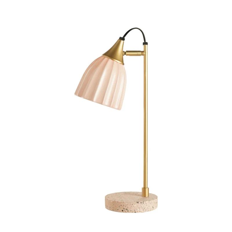 Lampe de table en forme de dôme côtelé rose/bleu ciel, lampe de bureau moderniste en céramique à 1 tête avec bras doré et...