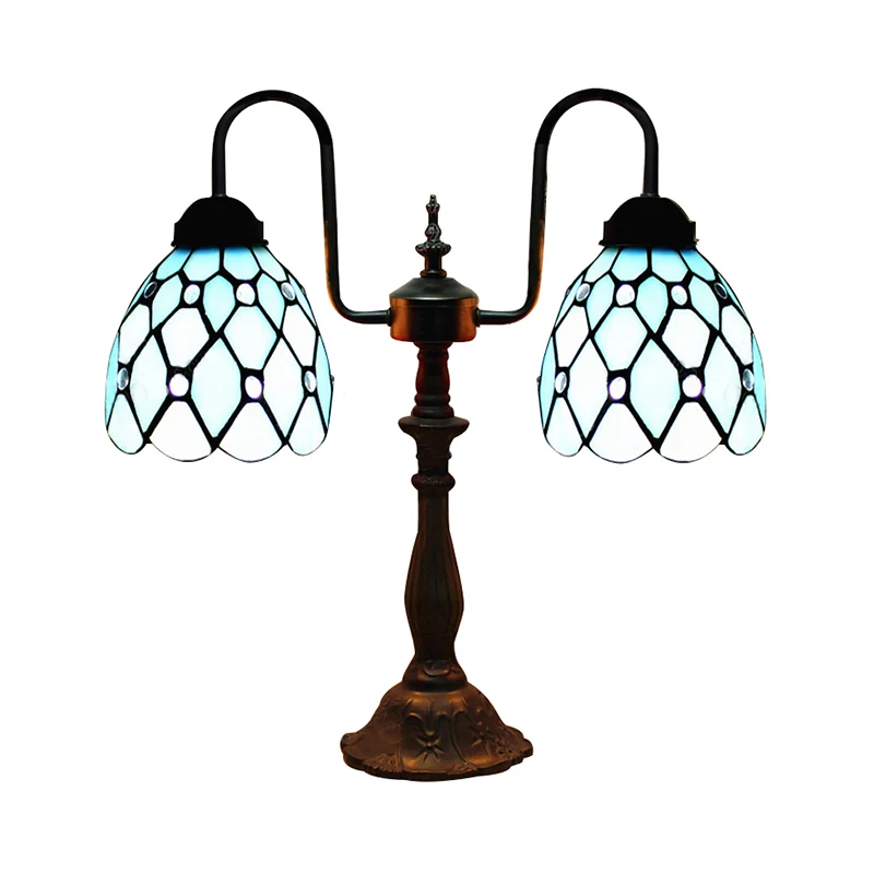 Lampe de table en forme de dôme, style industriel vintage, vitrail, 2 lumières, lampe d'appoint en bleu pour chevet Clearhalo