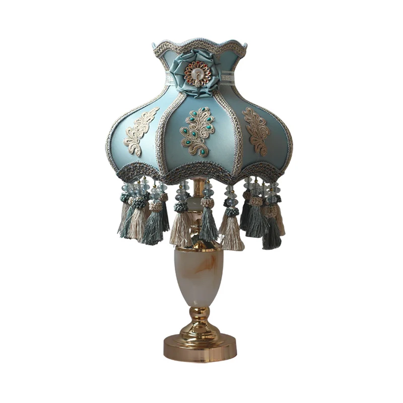 Lampe de table en forme d'urne en marbre, éclairage de nuit français à 1 tête avec abat-jour en tissu et pompon Clearhalo
