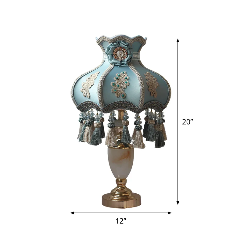 Lampe de table en forme d'urne en marbre, éclairage de nuit français à 1 tête avec abat-jour en tissu et pompon Clearhalo