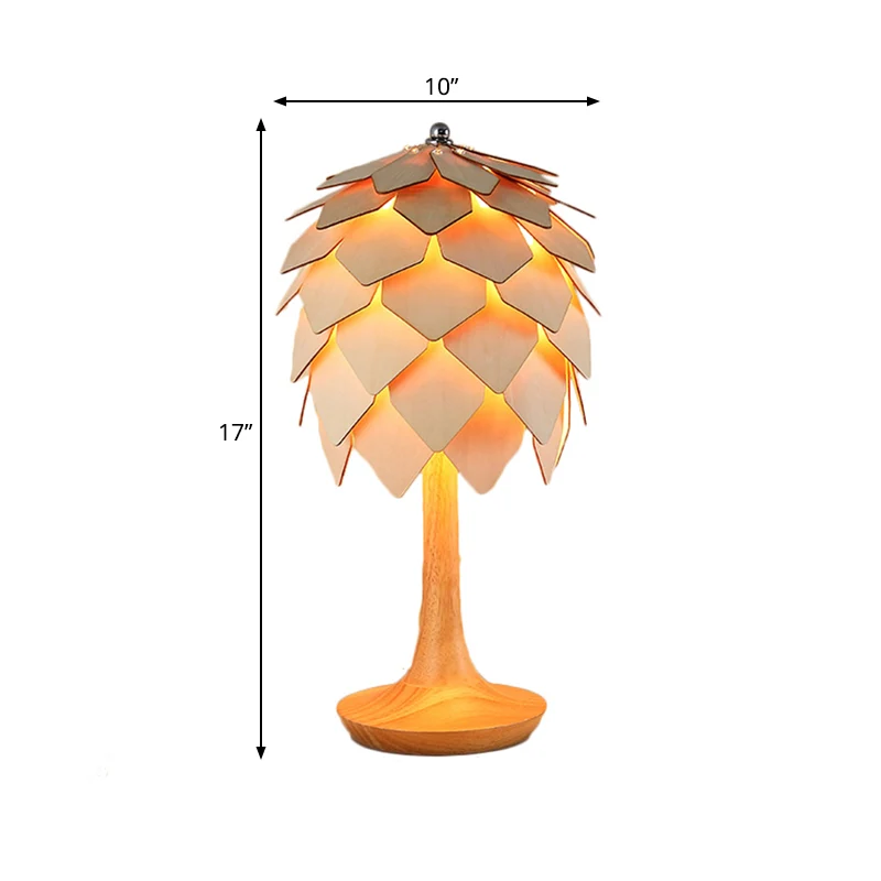 Lampe de table en forme de pomme de pin en bois, style contemporain, éclairage de table beige à 1 lumière pour chambre à c...