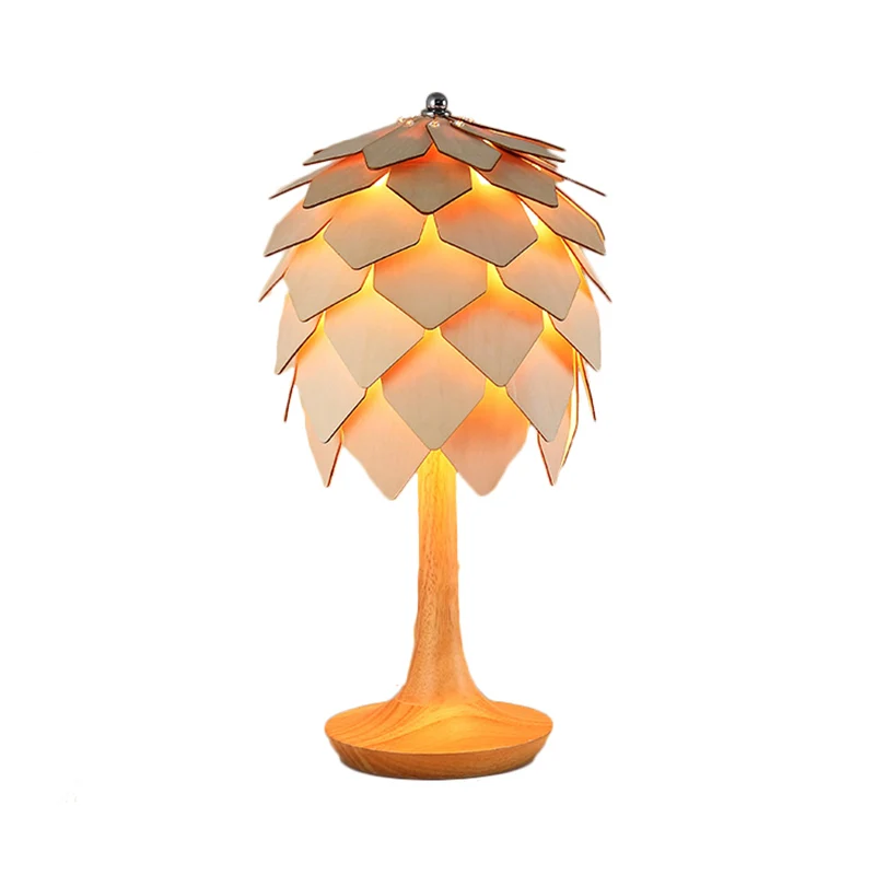 Lampe de table en forme de pomme de pin en bois, style contemporain, éclairage de table beige à 1 lumière pour chambre à c...