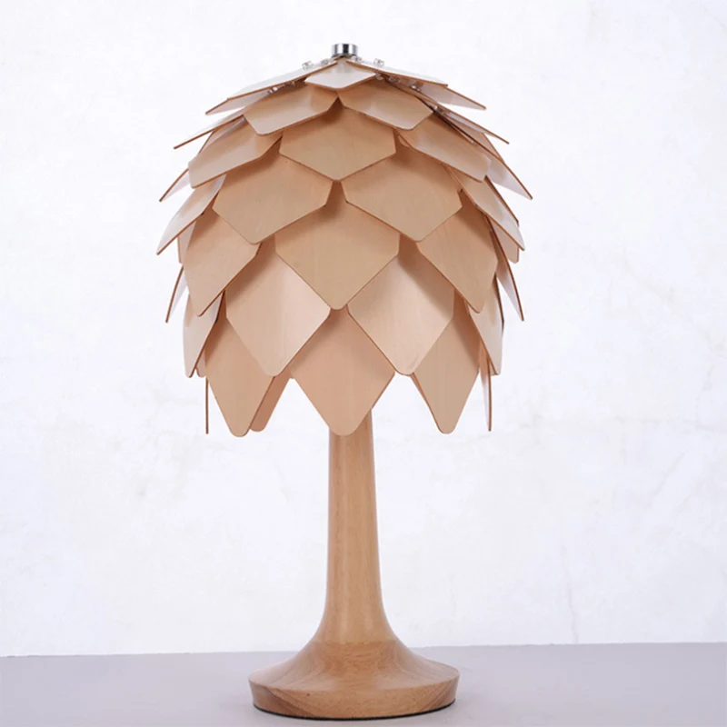 Lampe de table en forme de pomme de pin en bois, style contemporain, éclairage de table beige à 1 lumière pour chambre à c...