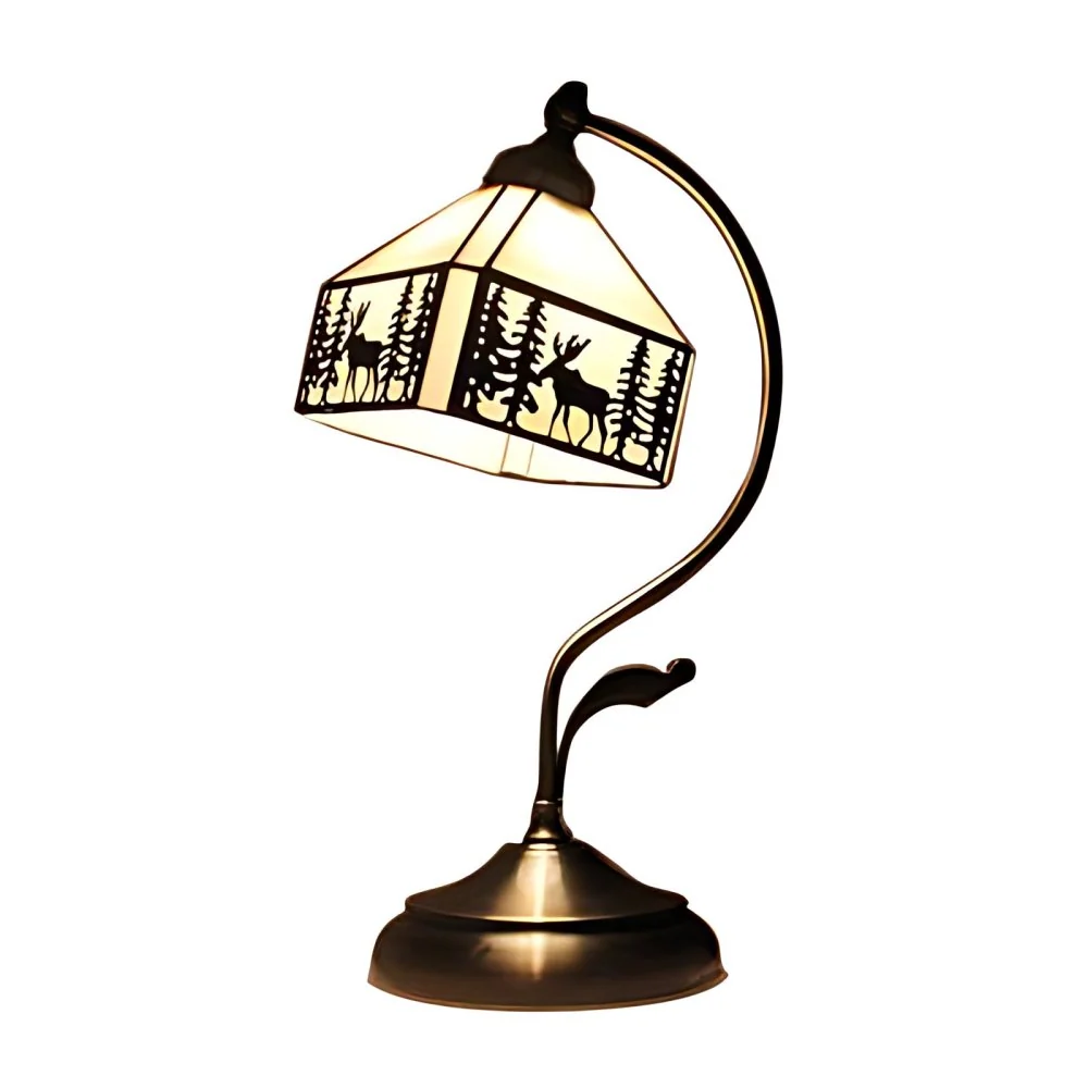 Lampe de table géométrique à 1 tête avec bras incurvé, lampe sur pied Lodge en vitrail en noir et blanc Clearhalo