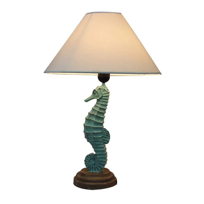 Lampe de table hippocampe verte en résine de campagne, lampe de chevet à 1 tête avec abat-jour en tissu à large cône Clear...