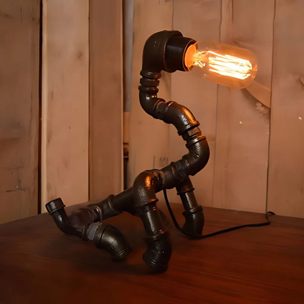 Lampe de table industrielle à 1 lumière en forme de chien, éclairage de table en métal avec tuyau de plomberie en noir pou...