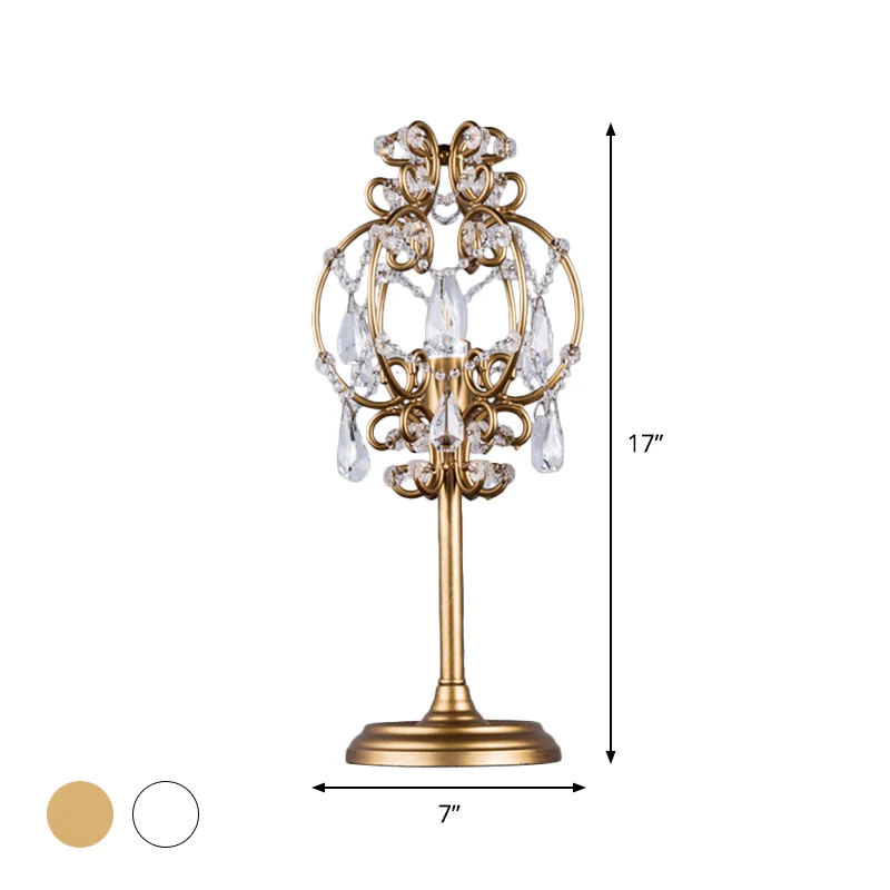 Lampe de table lanterne de style rétro en métal, éclairage de table de chevet à 1 lumière en blanc/or avec gouttes de cris...