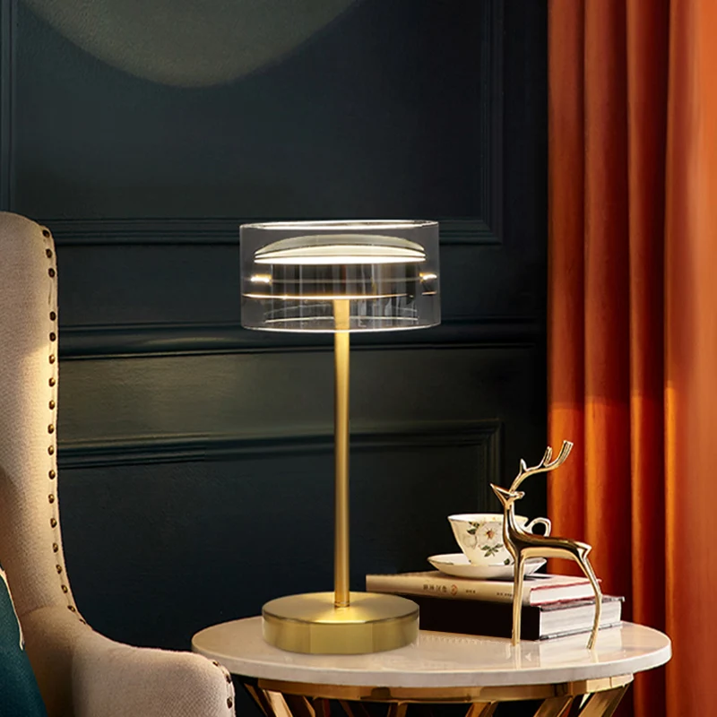 Lampe de Table LED cylindrique en laiton, minimaliste, verre fumé, veilleuse pour chambre à coucher Clearhalo