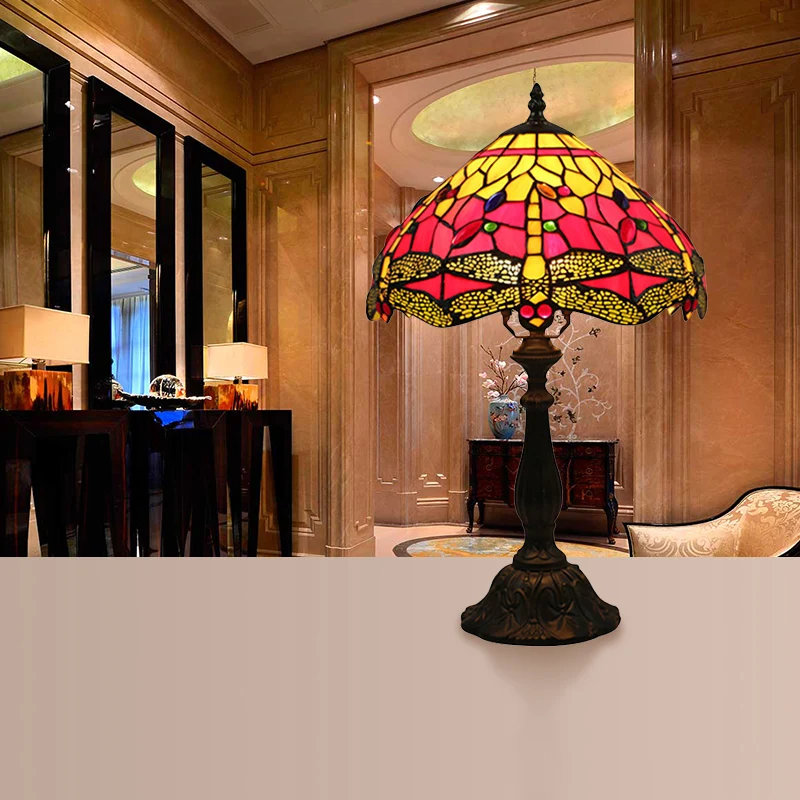 Lampe de table libellule rétro en verre teinté, lampe d'appoint à 1 lumière, finition bronze antique, pour étude Clearhalo