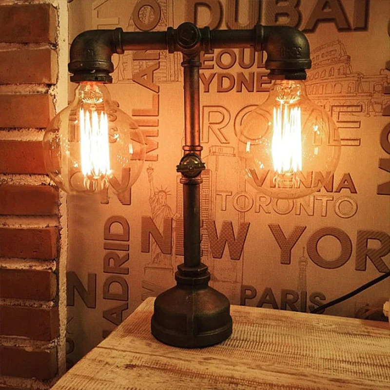 Lampe de table à 2 lumières avec conduite d'eau en métal, luminaire industriel élégant pour restaurant, noir Clearhalo