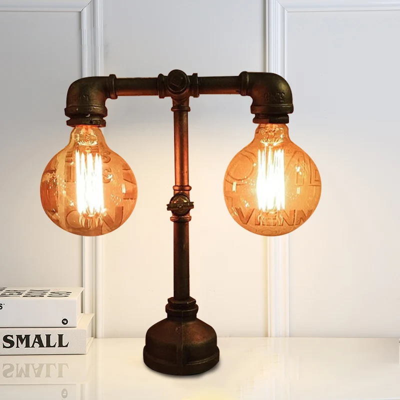 Lampe de table à 2 lumières avec conduite d'eau en métal, luminaire industriel élégant pour restaurant, noir Clearhalo