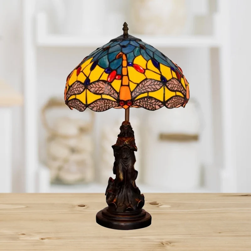 Lampe de table méditerranéenne libellule-fleur, lampe de nuit simple bleu/jaune/bleu-blanc avec socle d'ange Clearhalo