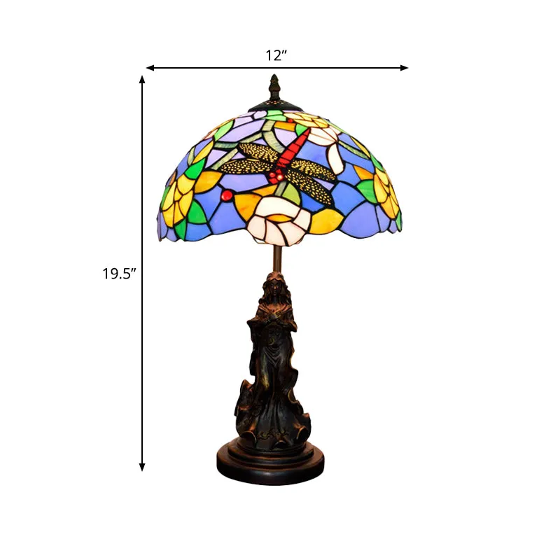 Lampe de table méditerranéenne libellule-fleur, lampe de nuit simple bleu/jaune/bleu-blanc avec socle d'ange Clearhalo