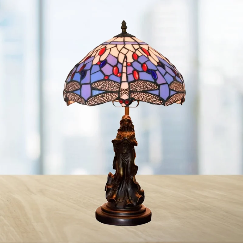 Lampe de table méditerranéenne libellule-fleur, lampe de nuit simple bleu/jaune/bleu-blanc avec socle d'ange Clearhalo