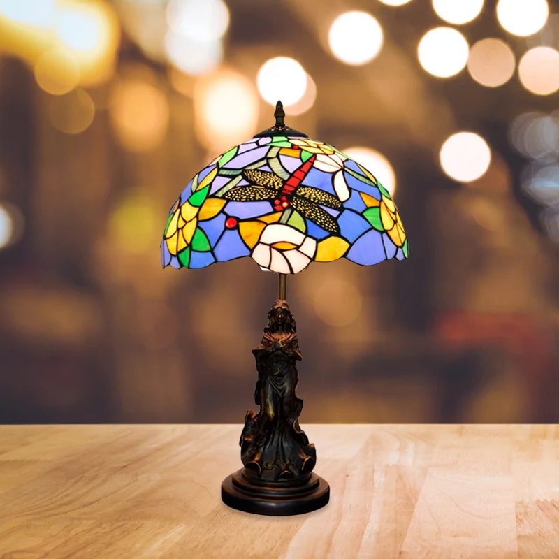 Lampe de table méditerranéenne libellule-fleur, lampe de nuit simple bleu/jaune/bleu-blanc avec socle d'ange Clearhalo