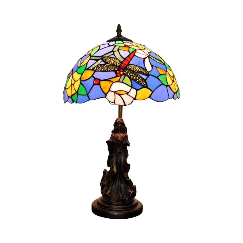 Lampe de table méditerranéenne libellule-fleur, lampe de nuit simple bleu/jaune/bleu-blanc avec socle d'ange Clearhalo