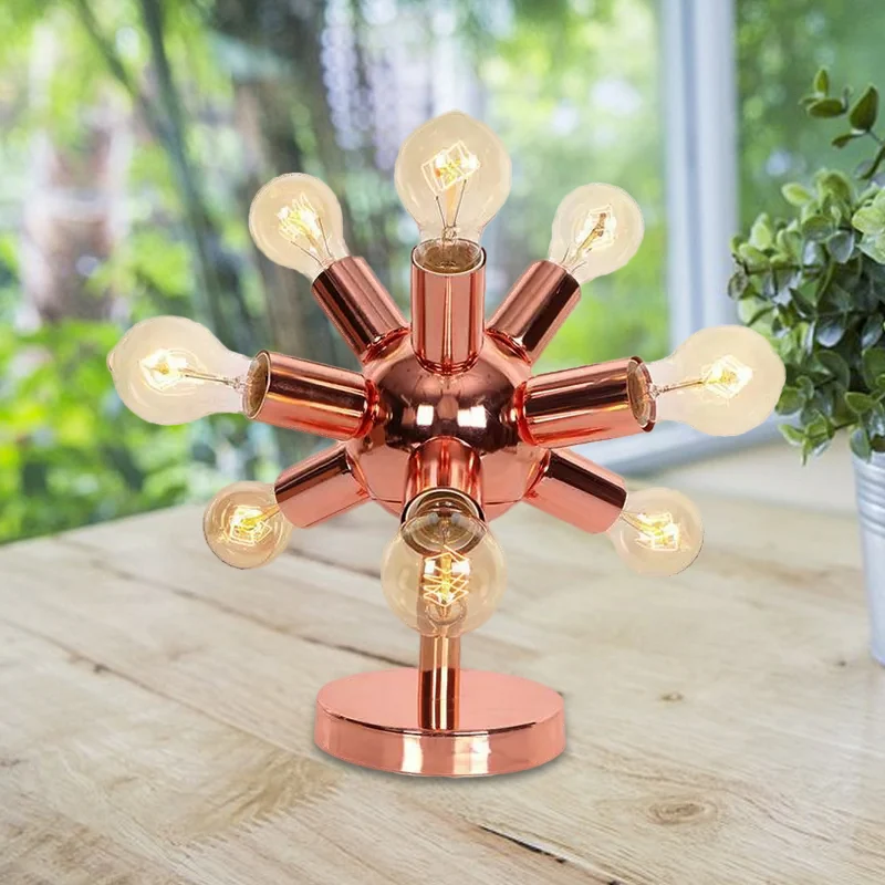 Lampe de table métallique à 6/9 têtes, style industriel, finition cuivre, éclairage de table de chambre à coucher Spoutnik...