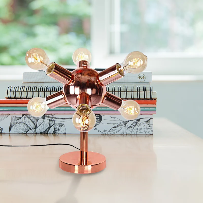 Lampe de table métallique à 6/9 têtes, style industriel, finition cuivre, éclairage de table de chambre à coucher Spoutnik...