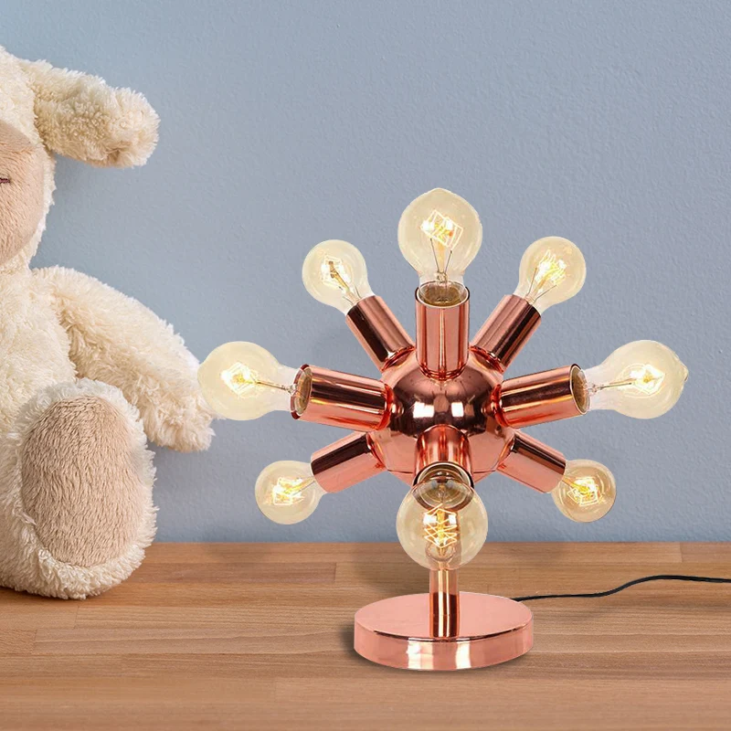 Lampe de table métallique à 6/9 têtes, style industriel, finition cuivre, éclairage de table de chambre à coucher Spoutnik...
