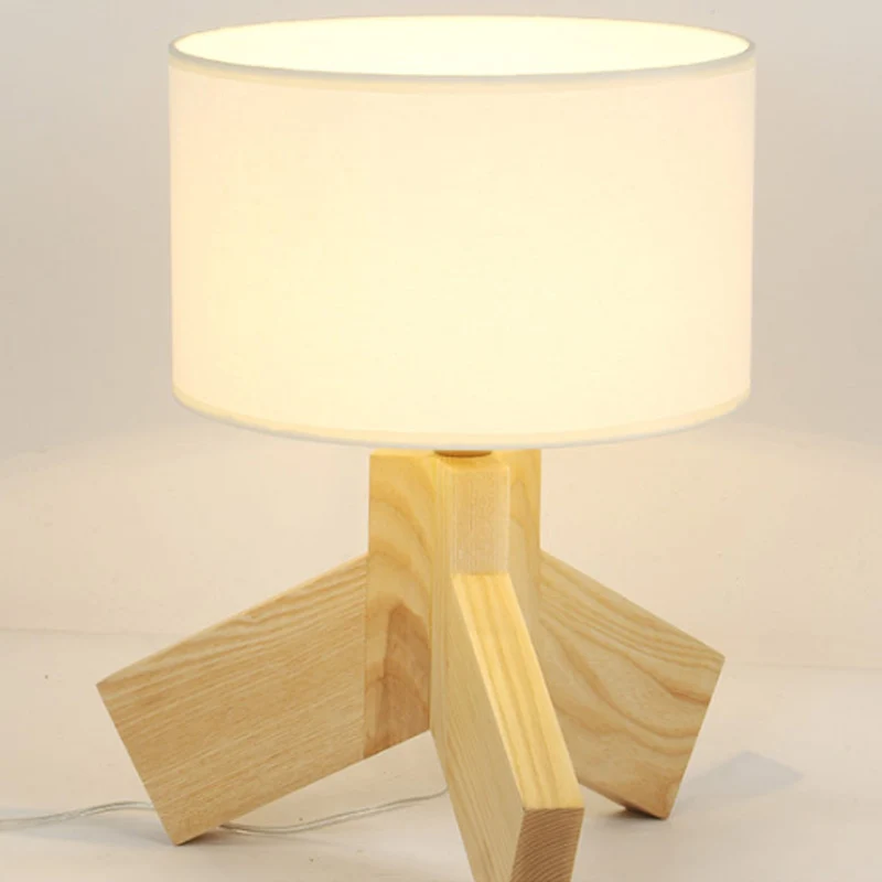 Lampe de Table nordique en tissu à tambour, ampoule unique en bois, lampe de nuit à 3 pieds pour chambre à coucher Clearhalo