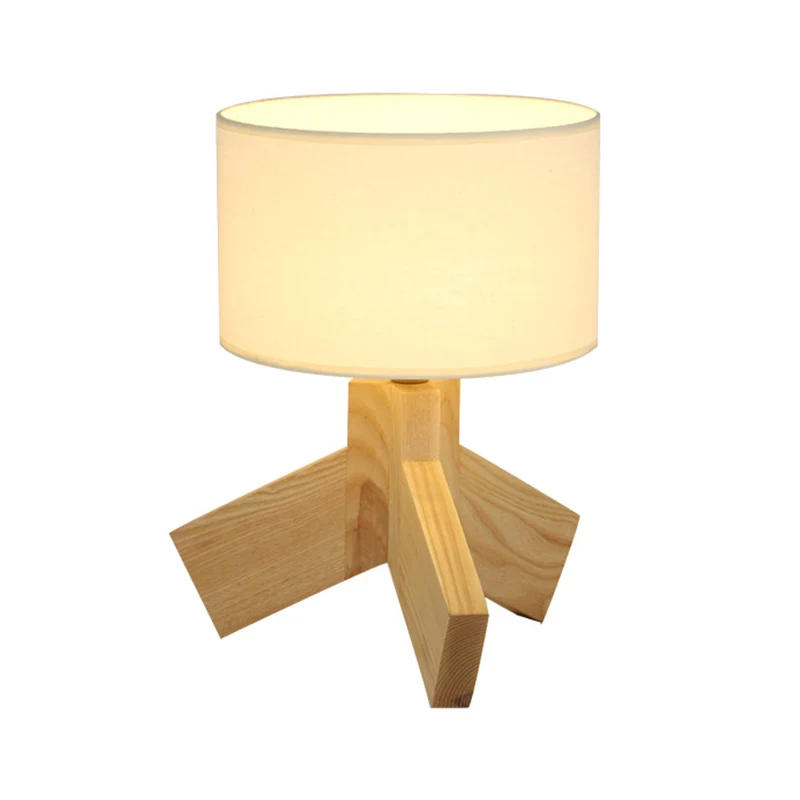 Lampe de Table nordique en tissu à tambour, ampoule unique en bois, lampe de nuit à 3 pieds pour chambre à coucher Clearhalo