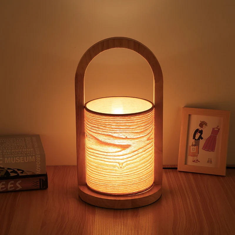 Lampe de table de nuit à anneau ovale en bois, lampe de table de nuit moderniste à 1 tête avec abat-jour en tube Clearhalo