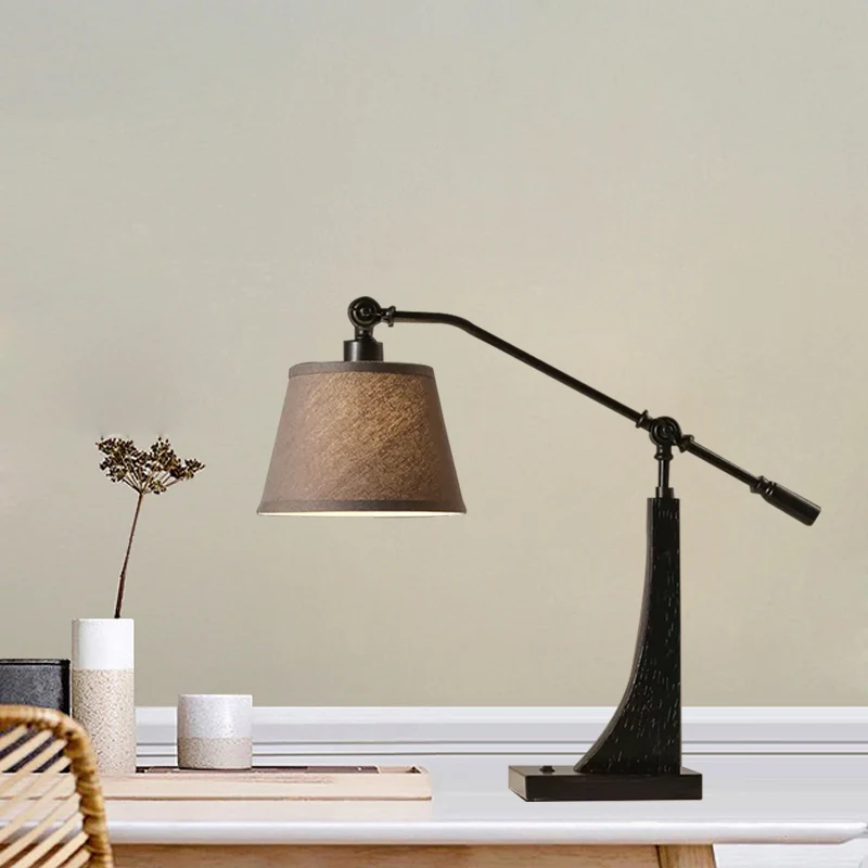Lampe de table de nuit blanche à 1 lumière, lampe de table de chevet conique en tissu country avec conception de conduite...