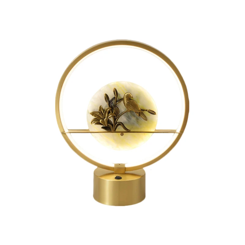 Lampe de table de nuit circulaire en métal moderniste LED, lampe de bureau dorée avec décor intérieur de fleurs et d'oisea...