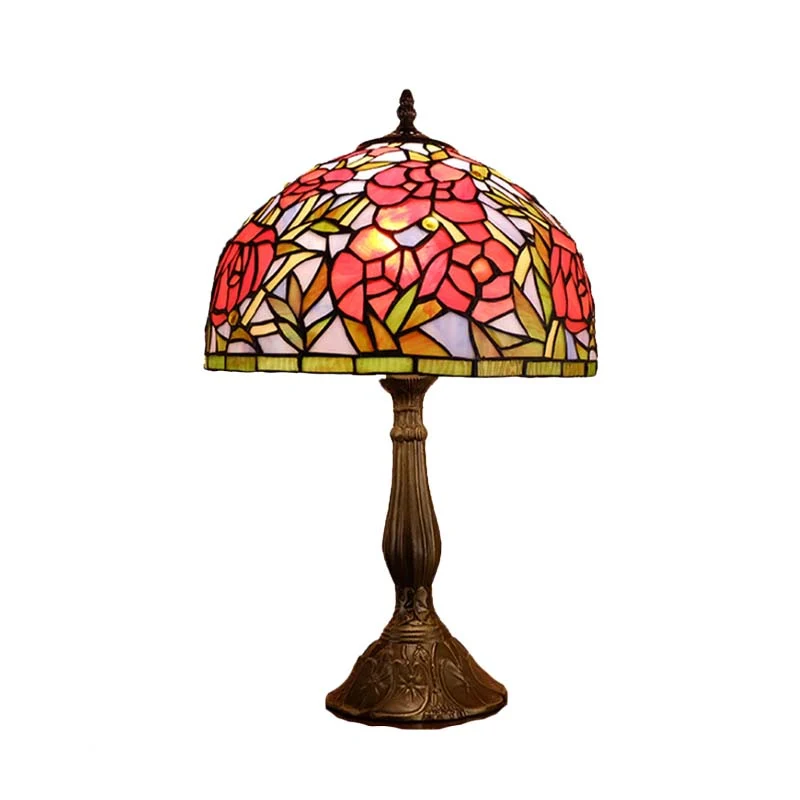 Lampe de table de nuit à 1 lumière, bol victorien, verre coupé à la main, motif floral, lampe de chevet en bronze Clearhalo