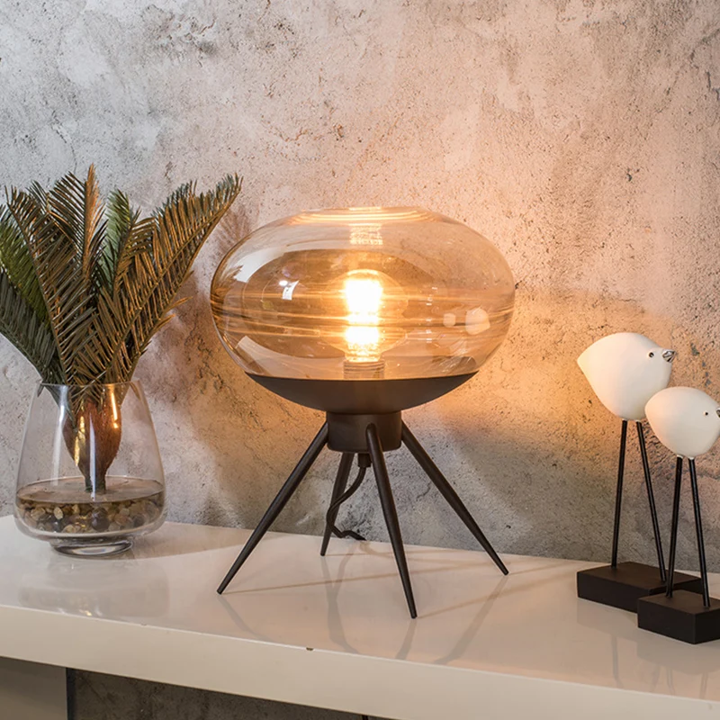 Lampe de table de nuit ovale en métal, moderne, en verre cognac, à 1 tête, pour salon, table de chevet Clearhalo