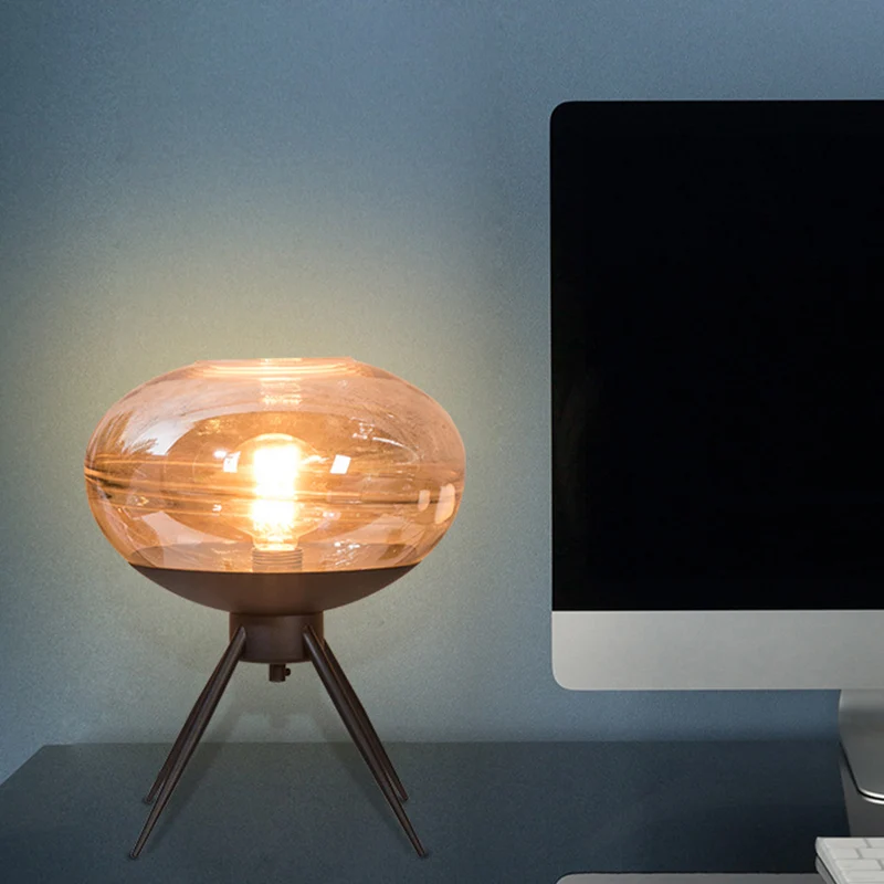 Lampe de table de nuit ovale en métal, moderne, en verre cognac, à 1 tête, pour salon, table de chevet Clearhalo