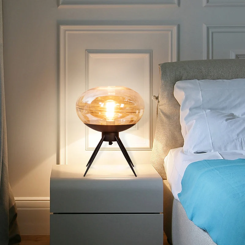 Lampe de table de nuit ovale en métal, moderne, en verre cognac, à 1 tête, pour salon, table de chevet Clearhalo