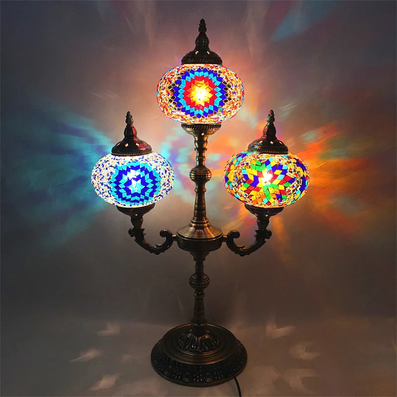 Lampe de Table de nuit ovale pour chambre à coucher, vitrail traditionnel à 3 têtes, petite lampe de bureau jaune/bleu Cle...